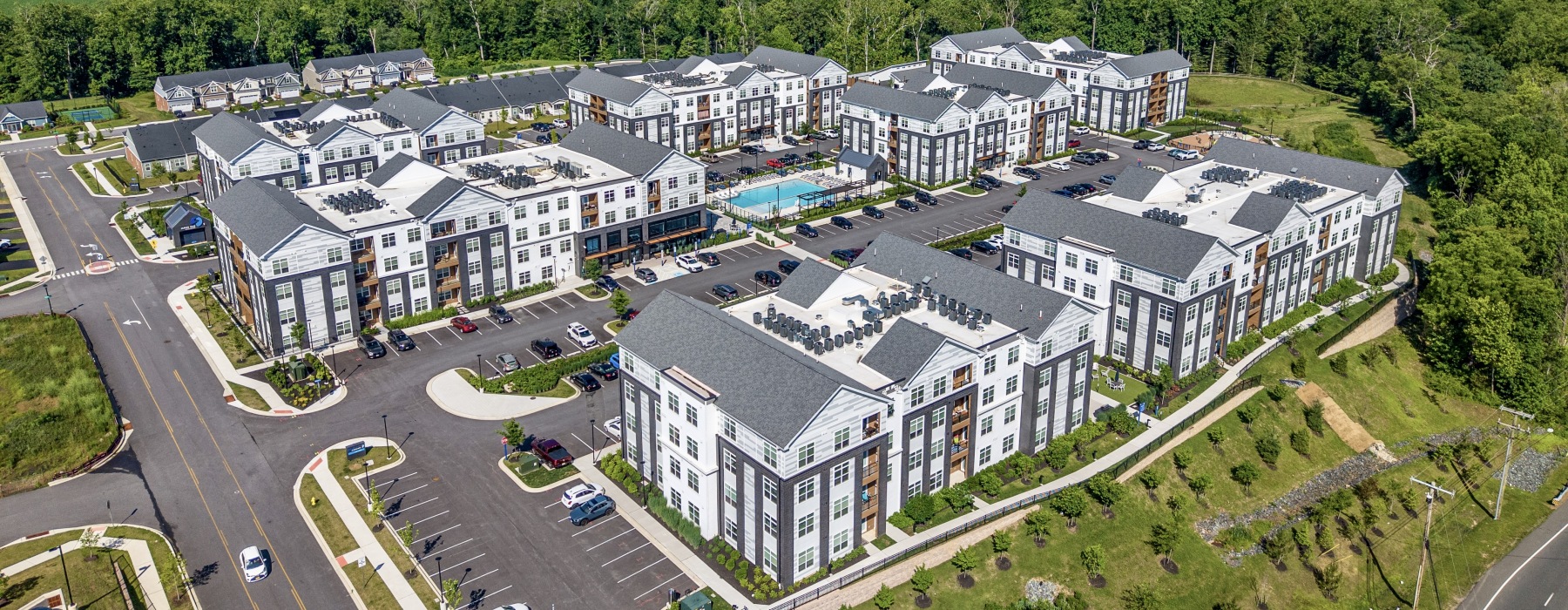Aerial view of James Run Apartments seven buildings