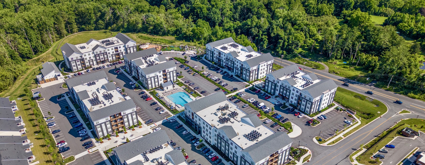 an aerial showing all seven buildings of james run apartments
