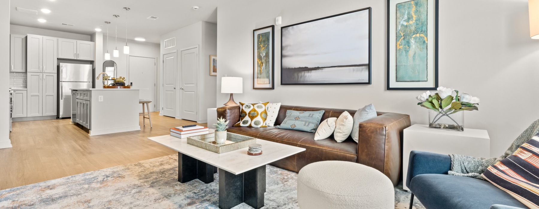 a living room with a couch and a table